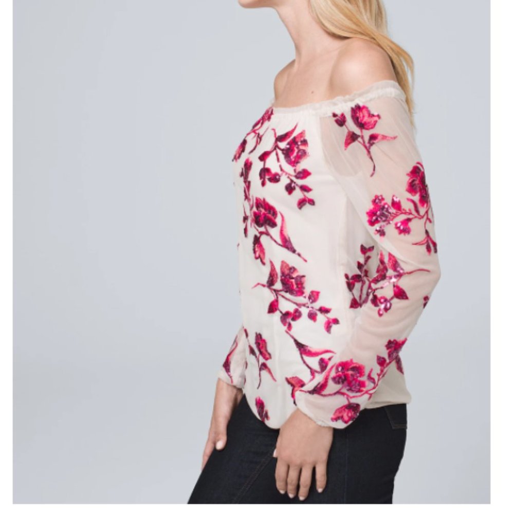 nwt white house black market sequin floral off shoulder blouse s